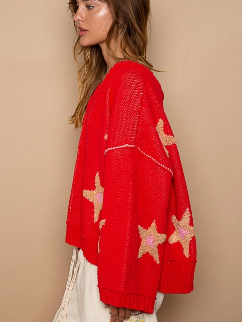 POL Red V-Neck Long Sleeve Star Patch Sweater Top NWT $129 - Picture 2 of 3